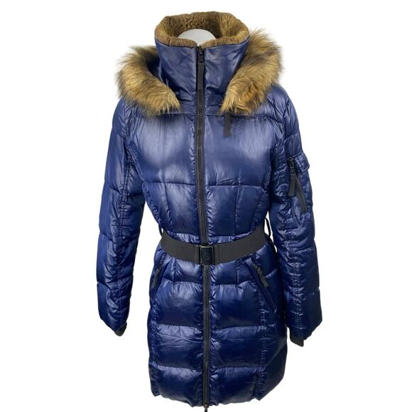 S13 NYC Jackets & Blazers - S13 NYC Womens Blue Faux Fur Hooded Full Zip Belted Quilted Puffer Coat Jacket S